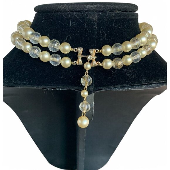 Vintage Marvella 1950's Double-Strand Faux Pearl Crystal Bead Necklace Bow Clasp - Picture 2 of 5
